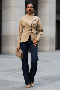 Women’s Asymmetric Slim Fit Jacket – Flounce Waist Design - Modestly Vogue 