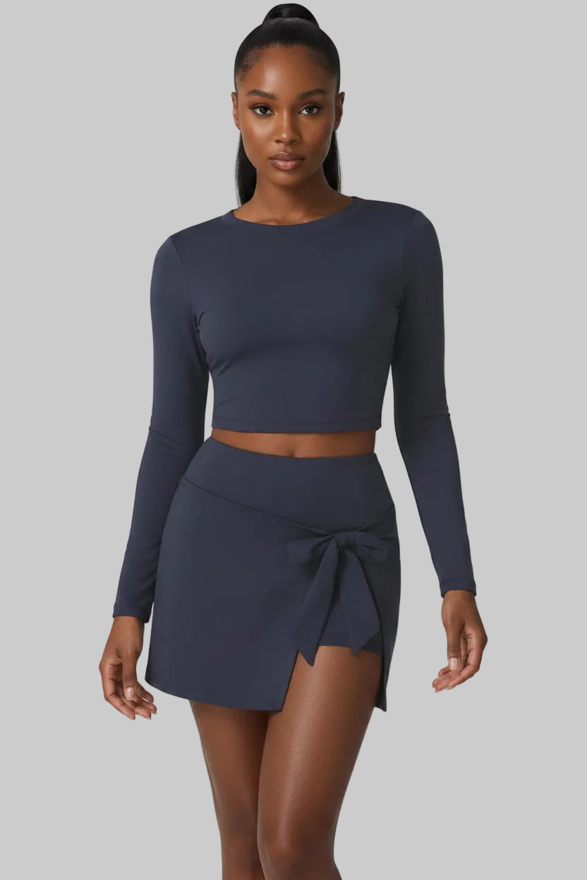 Nude Feel Tennis Women False Two Piece Skirted Leggings Slim Fit Sports Long Sleeved Top Set Outdoor Workout Clothes - Modestly Vogue 
