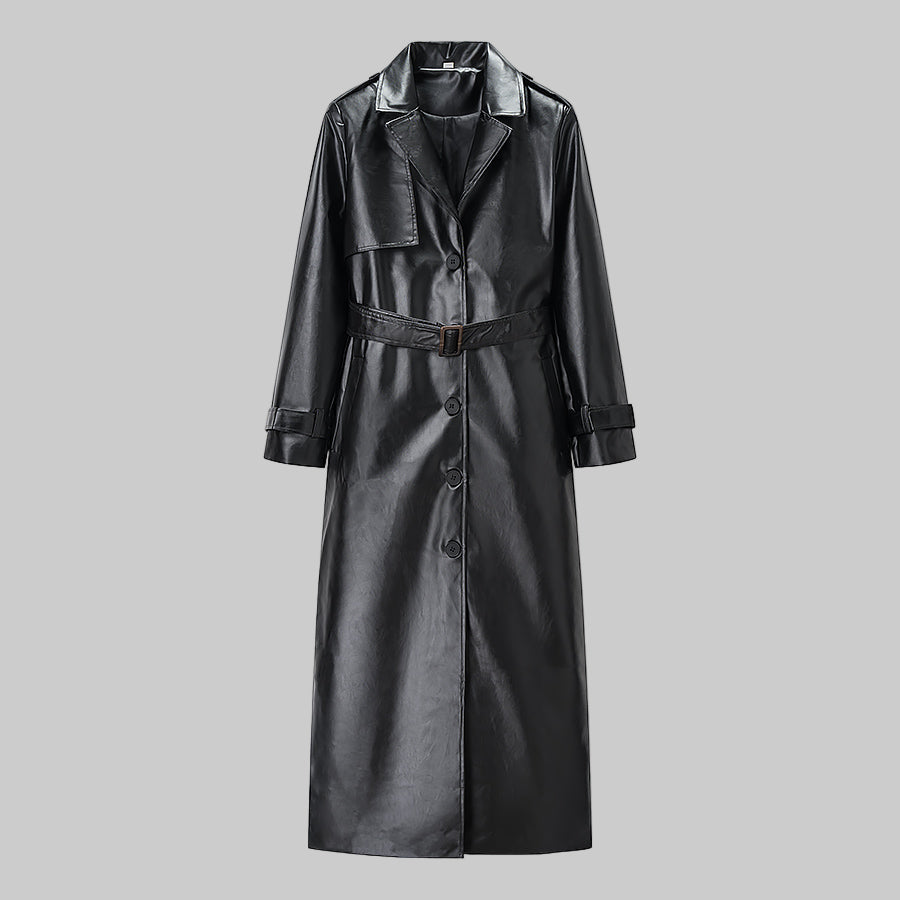 Fashionable Casual Faux Leather Long Trench Coat for Women