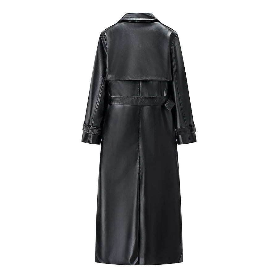 Fashionable Casual Faux Leather Long Trench Coat for Women