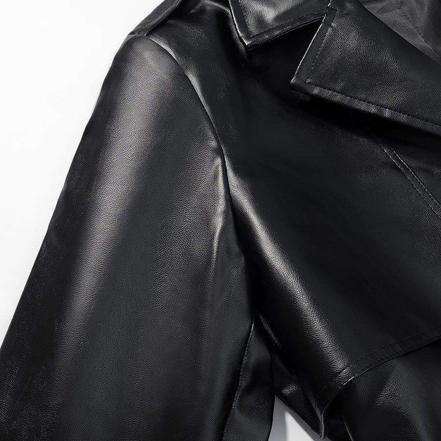 Fashionable Casual Faux Leather Long Trench Coat for Women