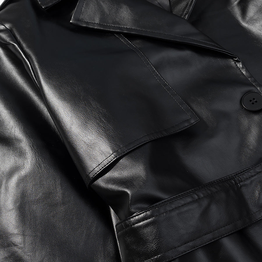 Fashionable Casual Faux Leather Long Trench Coat for Women