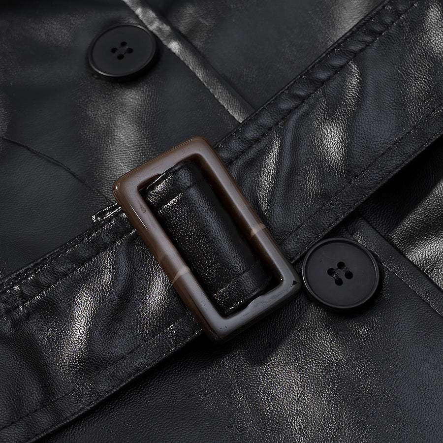 Fashionable Casual Faux Leather Long Trench Coat for Women