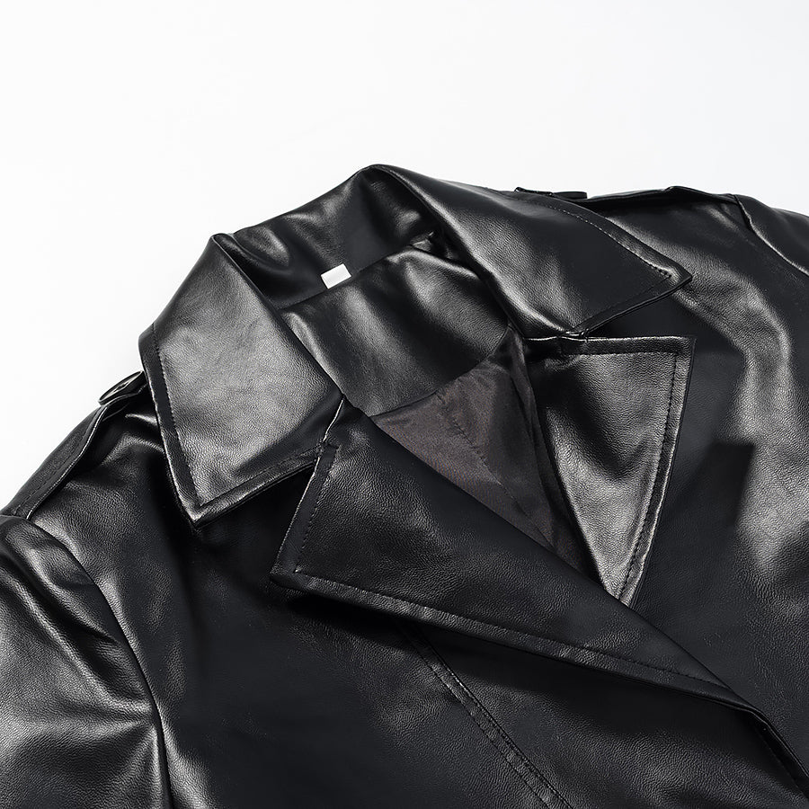 Fashionable Casual Faux Leather Long Trench Coat for Women