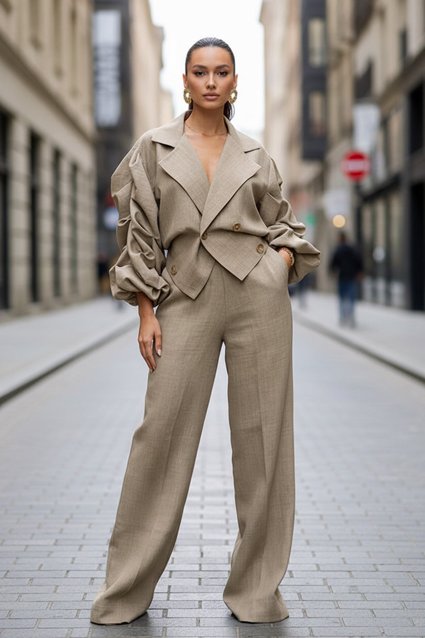 Office Casual Large Collared Pleated Sleeves Work Pant Two Piece Sets - Modestly Vogue 
