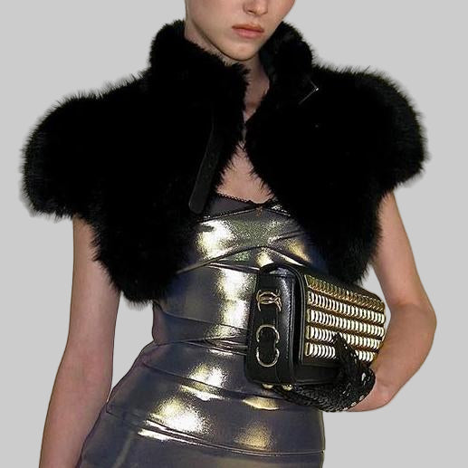 Black Solid Color Fur Short Cropped Short  Sleeve Jacket Cape