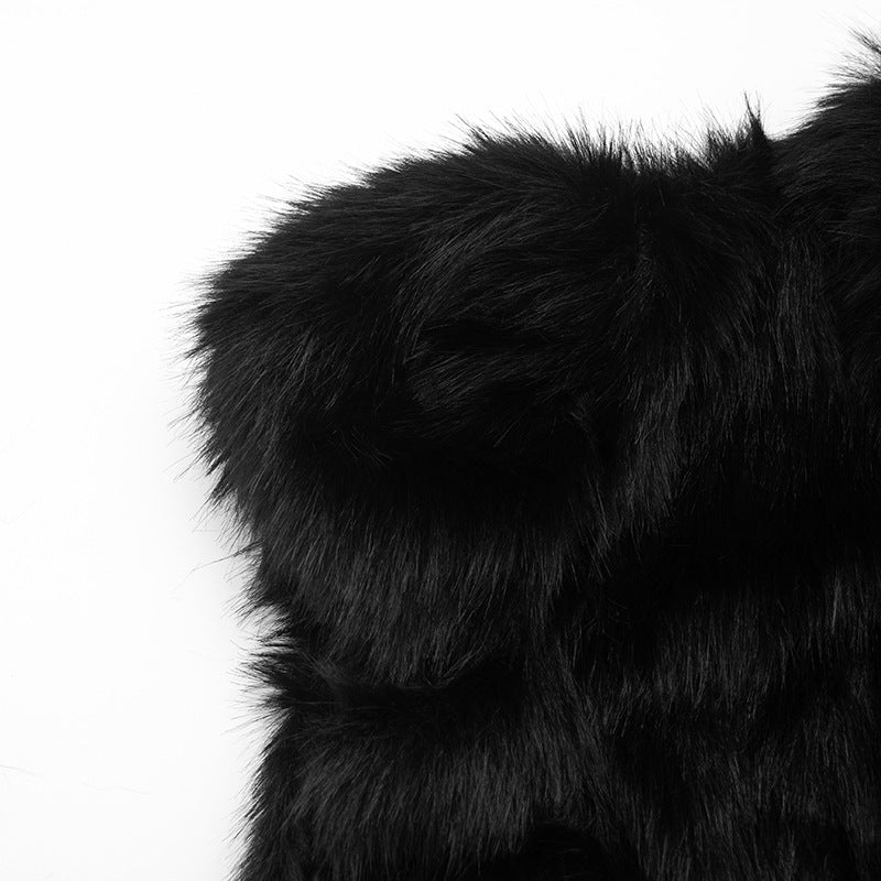 Black Solid Color Fur Short Cropped Short  Sleeve Jacket Cape