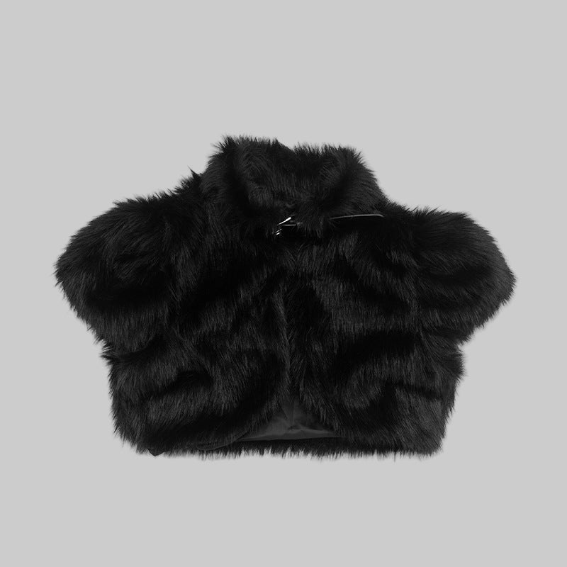 Black Solid Color Fur Short Cropped Short  Sleeve Jacket Cape