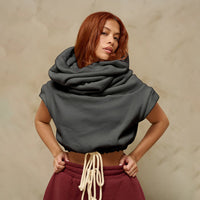 Women Clothing Autumn Winter Solid Color Casual Large Collar Sleeveless Contrast Color Drawstring Hooded Sweater Top