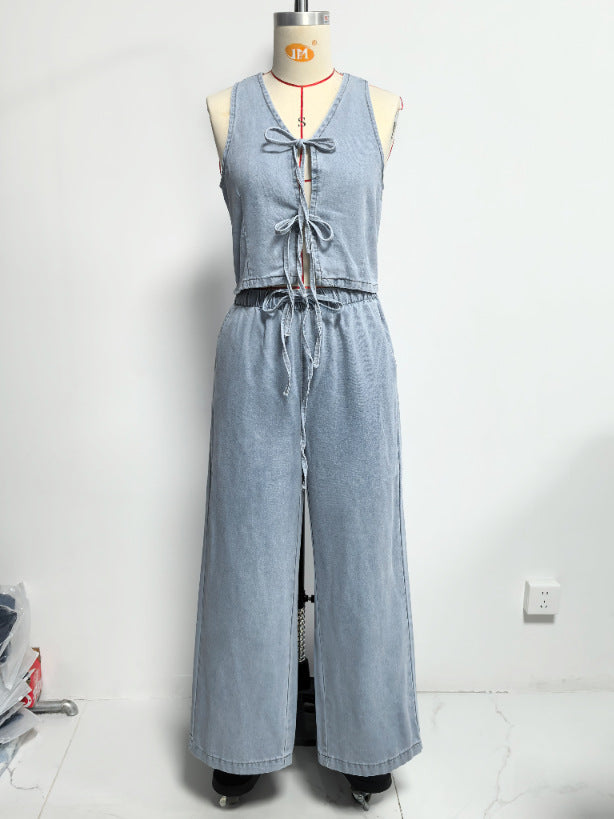 Women Spring Summer Sleeveless Lace up Vest Lace up Wide Leg Jeans Denim Set - Modestly Vogue 