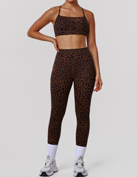 Leopard Print Tight Yoga Women High Waist Hip Raise Pants Thin Strap Beauty Back Exercise Bra Fitness Two Piece Sets - Modestly Vogue 