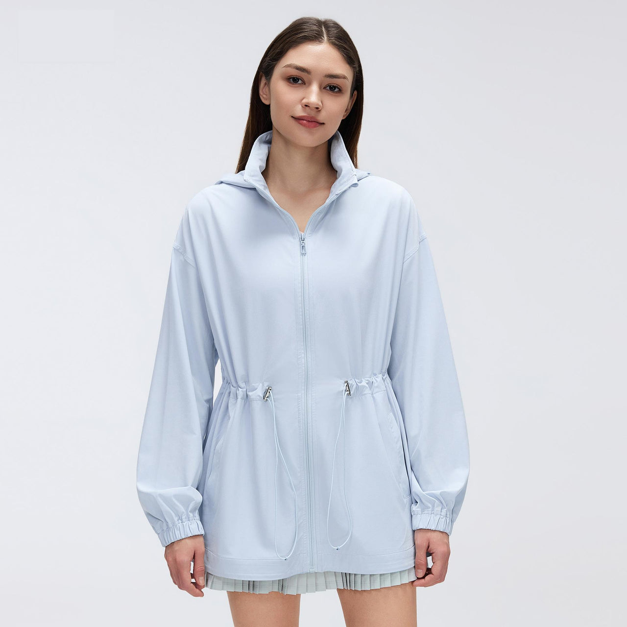 Storage Hooded Stand Collar Sports Jacket Women Drawstring Waist Slimming Mid Length Cardigan Zipper Jacket - Modestly Vogue 