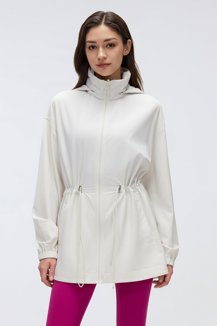Storage Hooded Stand Collar Sports Jacket Women Drawstring Waist Slimming Mid Length Cardigan Zipper Jacket - Modestly Vogue 