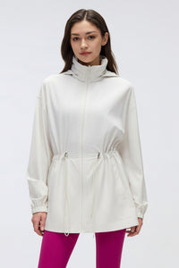 Storage Hooded Stand Collar Sports Jacket Women Drawstring Waist Slimming Mid Length Cardigan Zipper Jacket - Modestly Vogue 