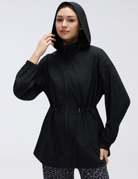 Storage Hooded Stand Collar Sports Jacket Women Drawstring Waist Slimming Mid Length Cardigan Zipper Jacket - Modestly Vogue 