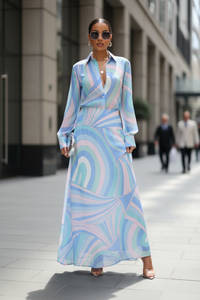 Printed Long Sleeve Shirt Dress - Modestly Vogue 