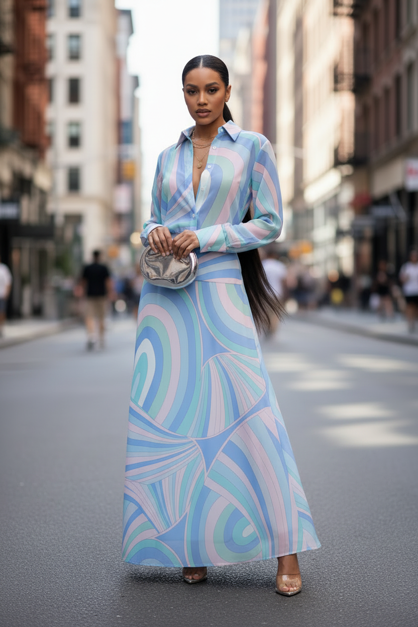 Printed Long Sleeve Shirt Dress - Modestly Vogue 