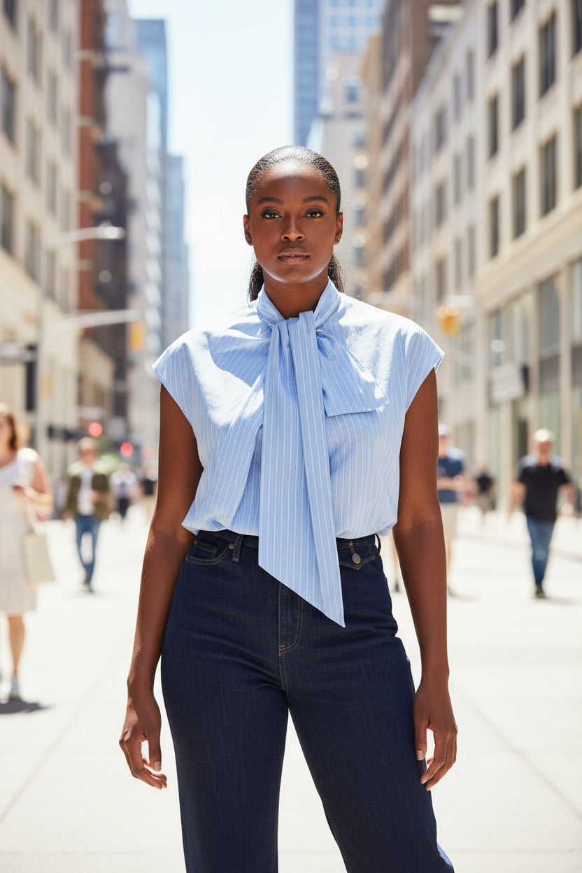 Women Clothing Top Product Casual Sleeveless Striped Bow Shirt - Modestly Vogue 