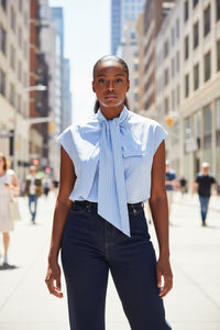 Women Clothing Top Product Casual Sleeveless Striped Bow Shirt - Modestly Vogue 