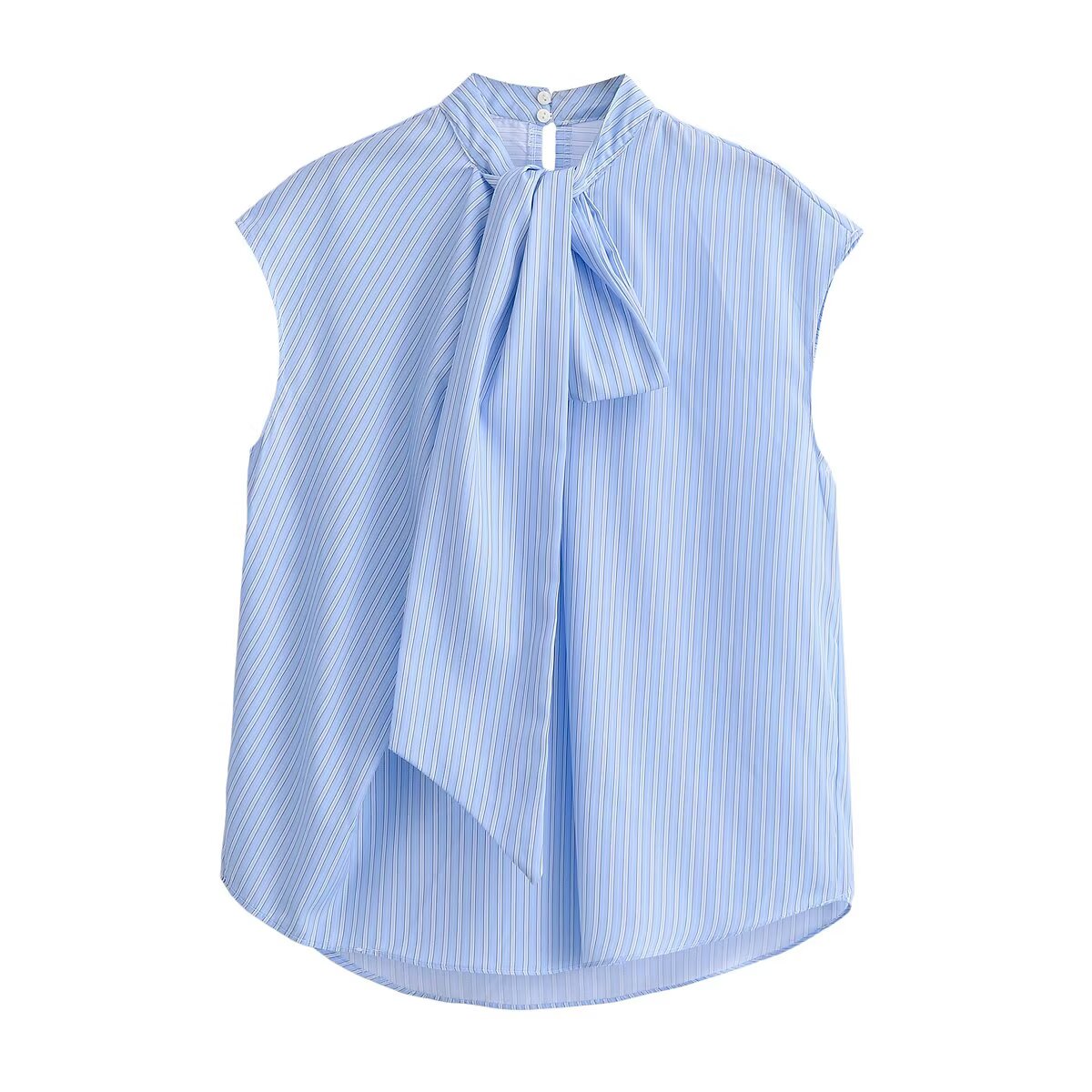 Women Clothing Top Product Casual Sleeveless Striped Bow Shirt - Modestly Vogue 