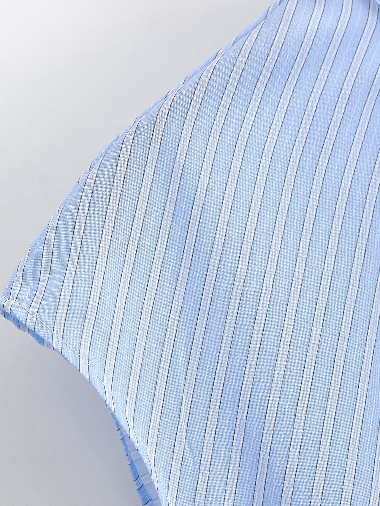 Women Clothing Top Product Casual Sleeveless Striped Bow Shirt - Modestly Vogue 