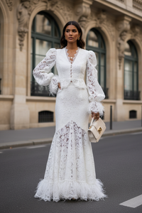Lace Design Top Mid Length Skirt Set Chic Long Sleeve Shirtdress - Modestly Vogue 
