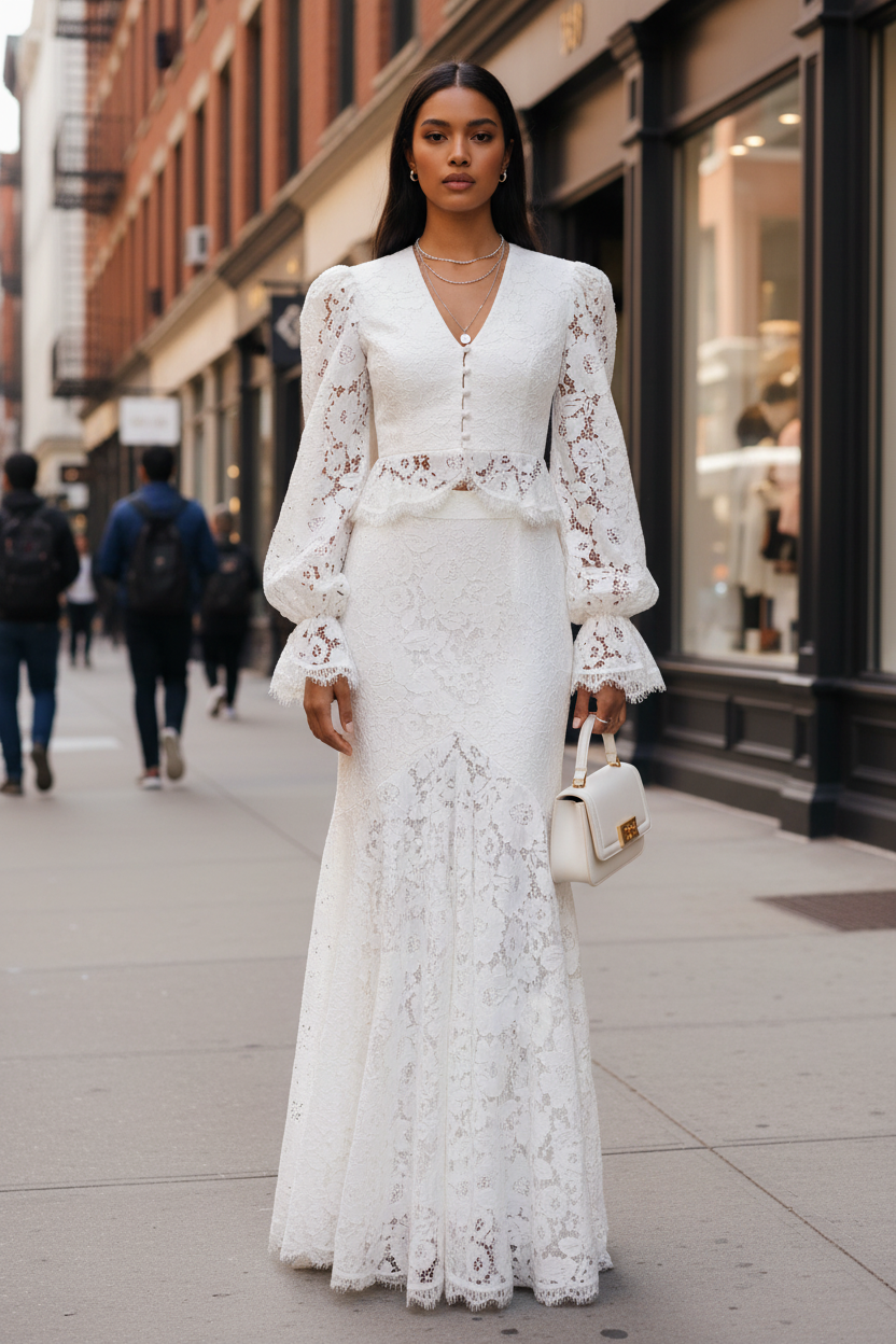 Lace Design Top Mid Length Skirt Set Chic Long Sleeve Shirtdress - Modestly Vogue 