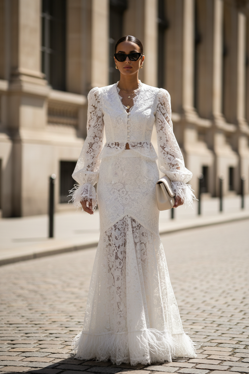 Lace Design Top Mid Length Skirt Set Chic Long Sleeve Shirtdress - Modestly Vogue 