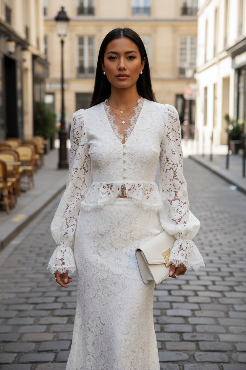 Lace Design Top Mid Length Skirt Set Chic Long Sleeve Shirtdress - Modestly Vogue 