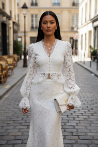 Lace Design Top Mid Length Skirt Set Chic Long Sleeve Shirtdress - Modestly Vogue 