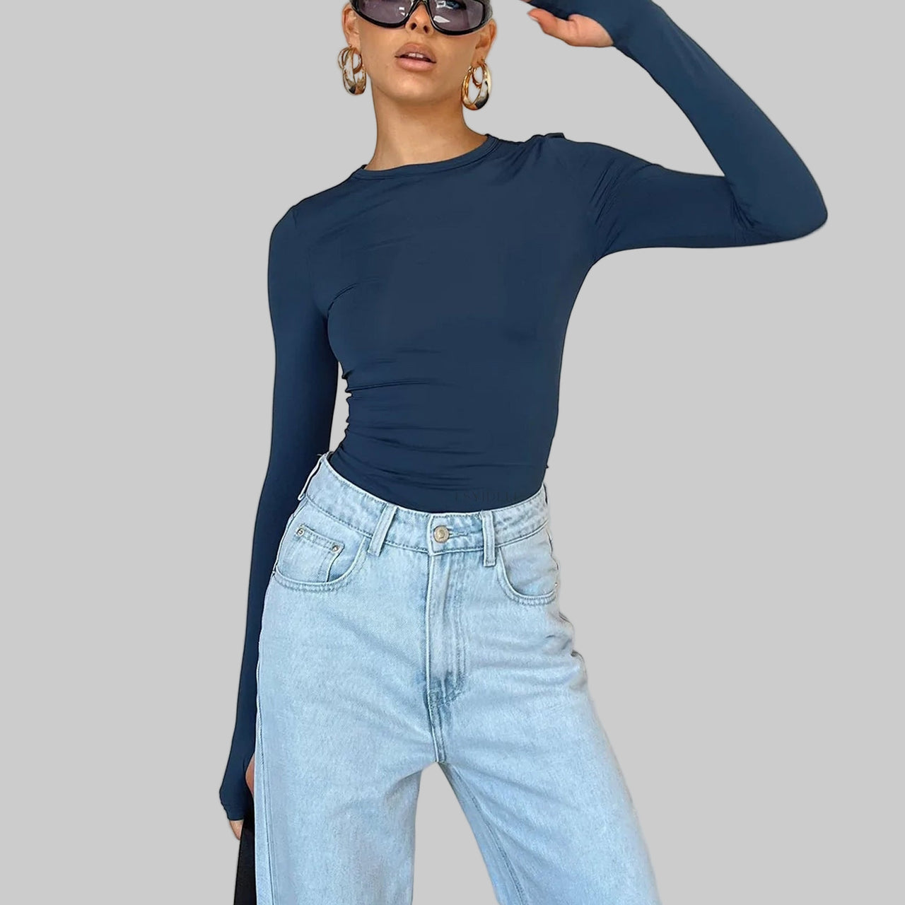 New Women's Solid Color Base Round Neck Long Sleeve Top Women