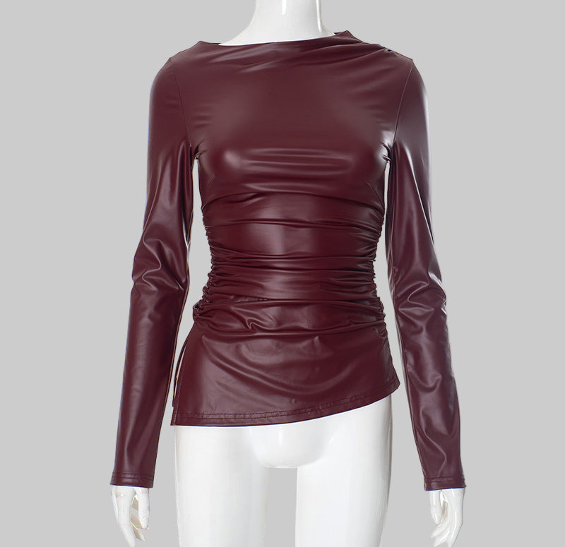 Women's Pleated Long-sleeved Leather Top