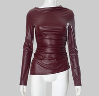 Women's Pleated Long-sleeved Leather Top