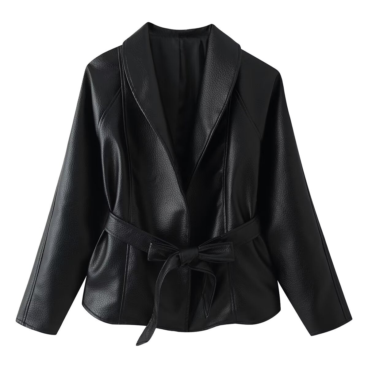 Women Clothing Fashionable All Match Design Matching Belt Leather Coat