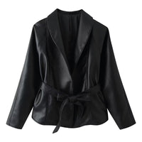 Women Clothing Fashionable All Match Design Matching Belt Leather Coat