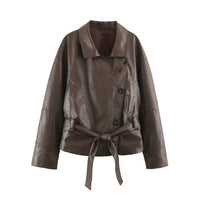 Women Clothing Polo Collar Lace up Waist Leather Jacket