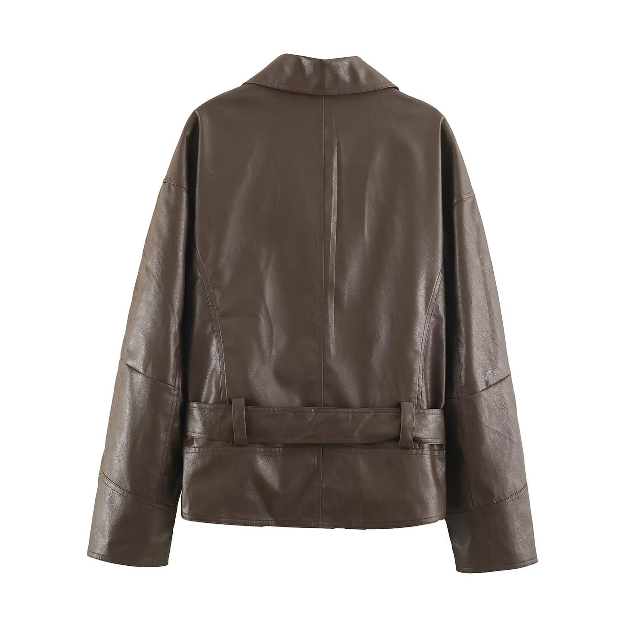 Women Clothing Polo Collar Lace up Waist Leather Jacket