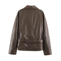 Women Clothing Polo Collar Lace up Waist Leather Jacket