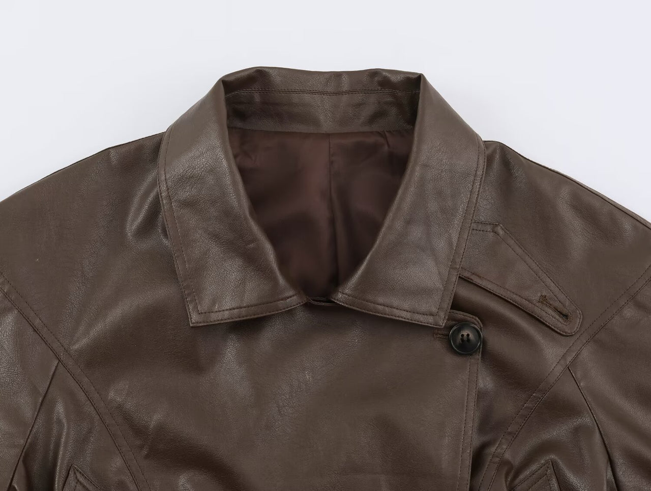 Women Clothing Polo Collar Lace up Waist Leather Jacket