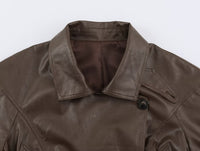 Women Clothing Polo Collar Lace up Waist Leather Jacket