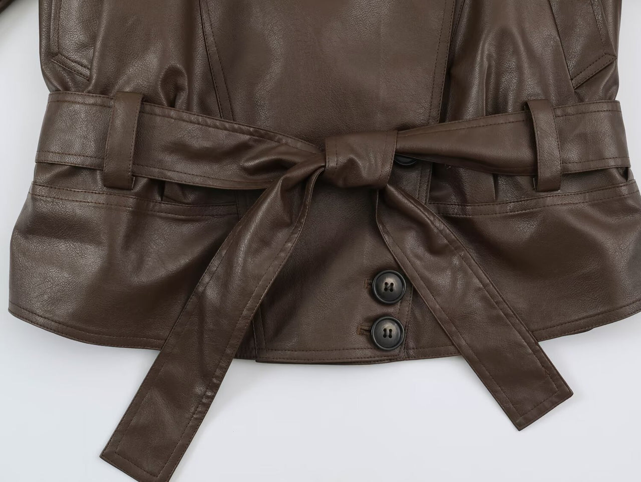 Women Clothing Polo Collar Lace up Waist Leather Jacket