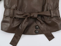 Women Clothing Polo Collar Lace up Waist Leather Jacket