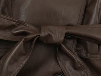 Women Clothing Polo Collar Lace up Waist Leather Jacket