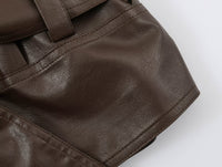 Women Clothing Polo Collar Lace up Waist Leather Jacket