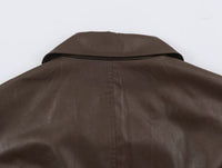 Women Clothing Polo Collar Lace up Waist Leather Jacket