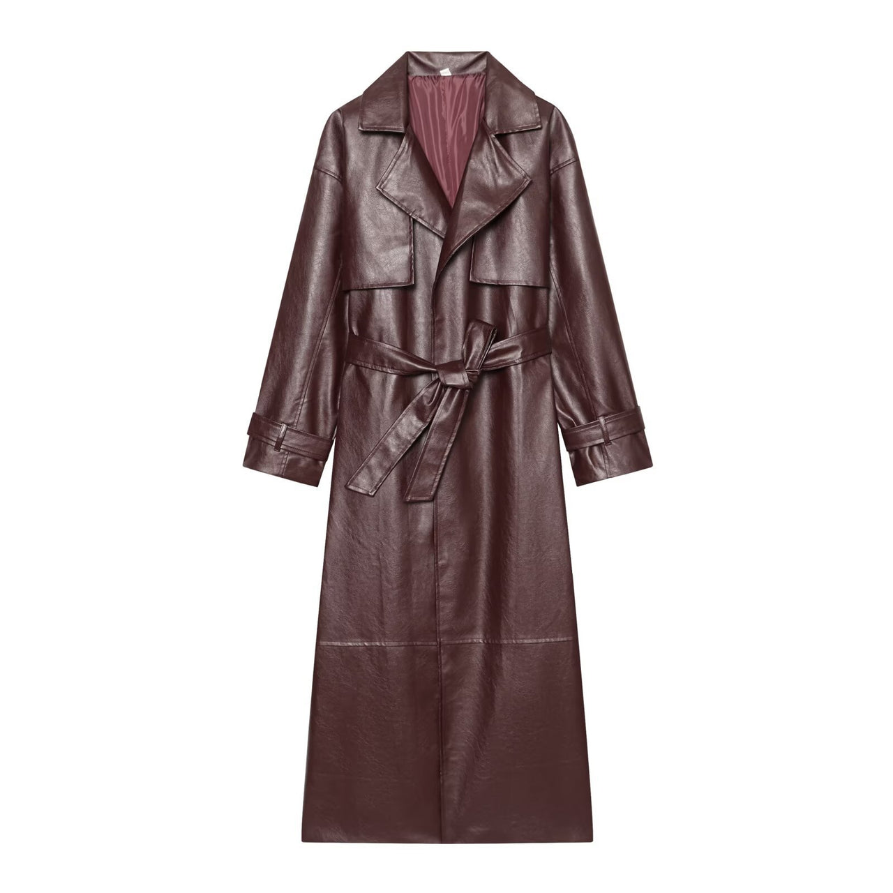 Long Burgundy Belted Leather Trench Coat