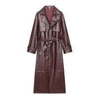 Long Burgundy Belted Leather Trench Coat