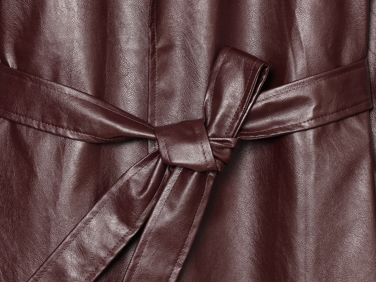 Long Burgundy Belted Leather Trench Coat