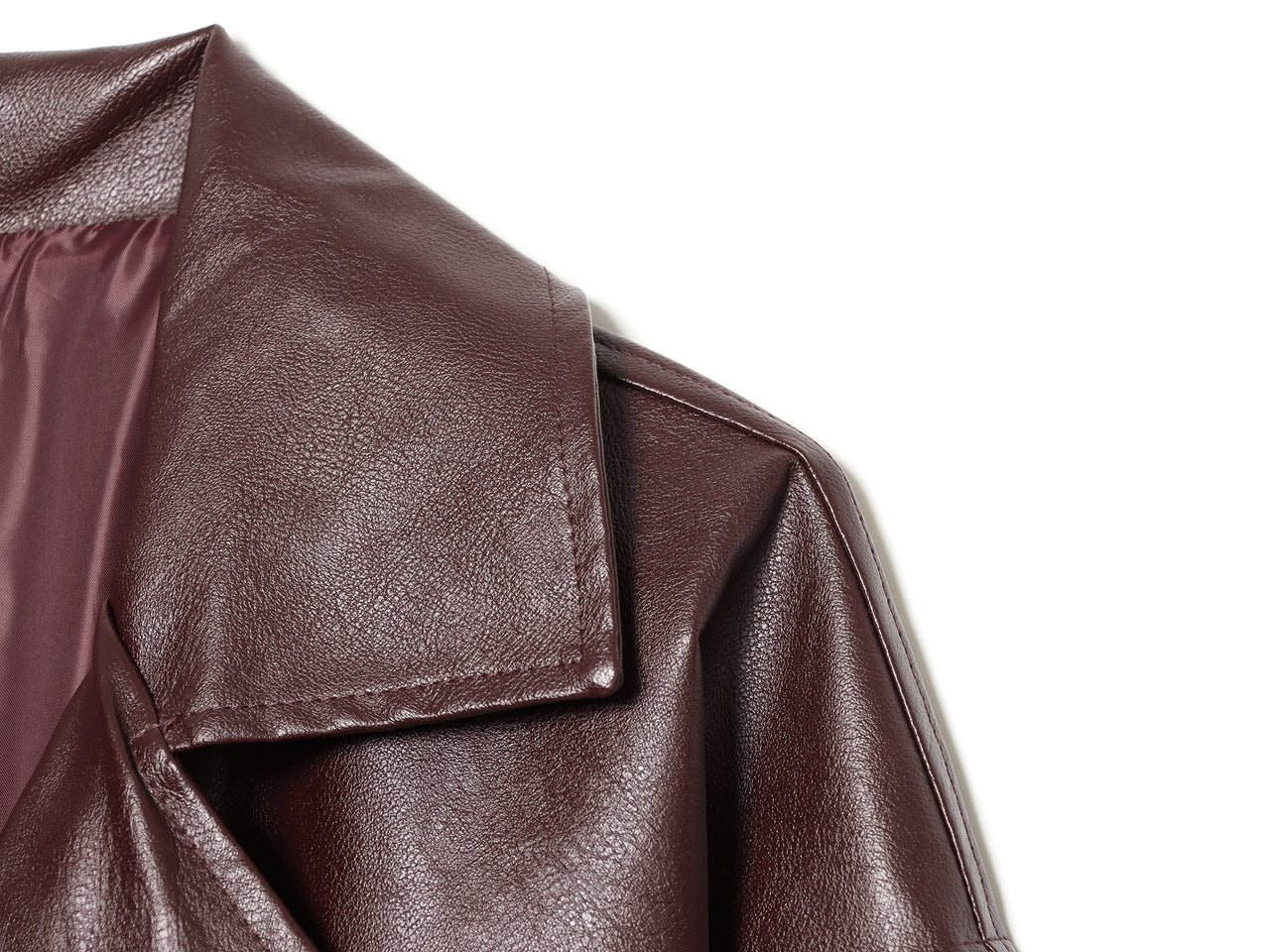 Long Burgundy Belted Leather Trench Coat