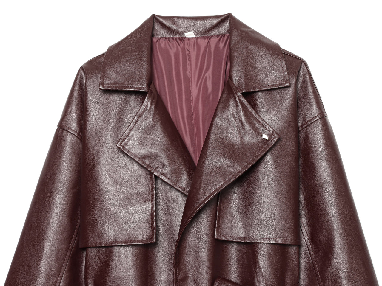 Long Burgundy Belted Leather Trench Coat